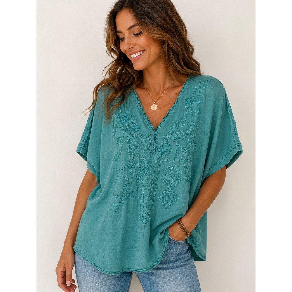 Karyn Seo XL Teal Blue Embroidered Cotton Boho Short Sleeve V-Neck Boxy Top